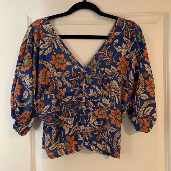 Sienna Sky Tops - Sienna Sky Blue Floral V-Neck Puff Sleeve Blouse